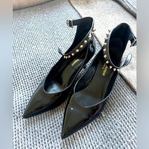 YSL SAINT LAURENT Patent Leather spike stud kitten heeled pumps size 38, 2.5”